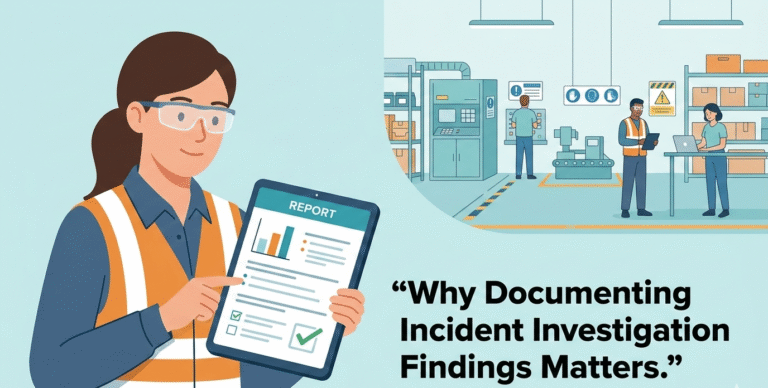 A flat vector illustration comparing an "Incident Investigation Report" with a fishbone diagram to a factory scene, illustrating the process of documenting incident investigation findings to improve safety.
