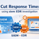A clean, 16:9 landscape diagram representing integrated security operations. On the left, a SIEM shield monitors a network graph for anomalies; on the right, an EDR magnifying glass inspects endpoint forensics. The composition highlights a streamlined containment strategy using siem edr investigation in a modern, minimal flat style.