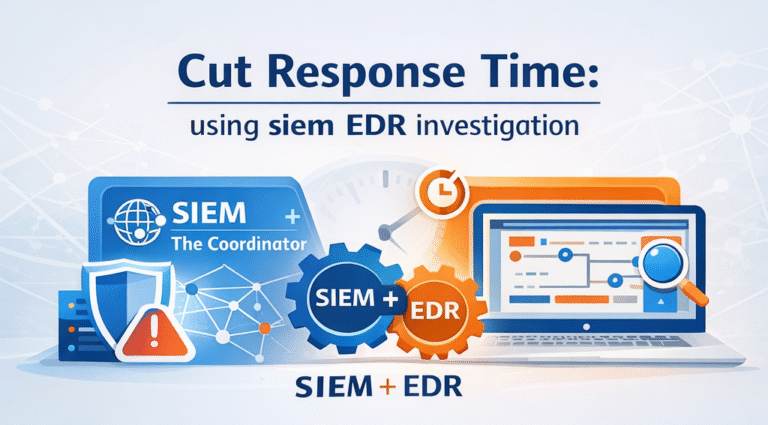 A clean, 16:9 landscape diagram representing integrated security operations. On the left, a SIEM shield monitors a network graph for anomalies; on the right, an EDR magnifying glass inspects endpoint forensics. The composition highlights a streamlined containment strategy using siem edr investigation in a modern, minimal flat style.