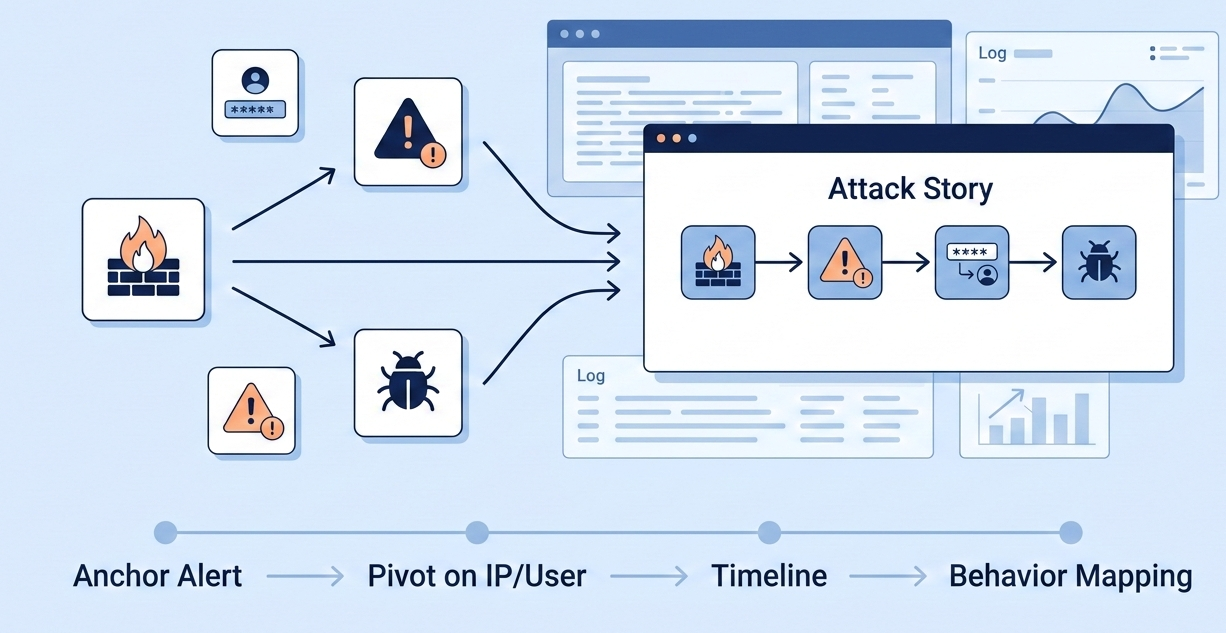 A 2D flat vector illustration showing isolated security alerts being linked by arrows into a single timeline, demonstrating the process of correlating events incident investigation to form a clear attack story.