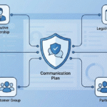 A 2D flat vector illustration of a central security incident communication plan shield connected to key stakeholder nodes like leadership, legal, and technical teams.