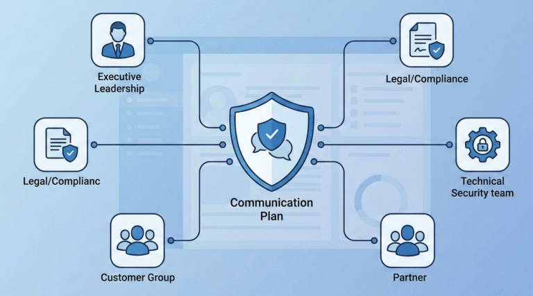 A 2D flat vector illustration of a central security incident communication plan shield connected to key stakeholder nodes like leadership, legal, and technical teams.