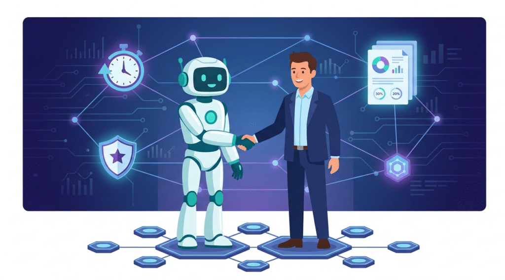 A professional and robot shaking hands, showing an MSSP measuring remediation success metrics.