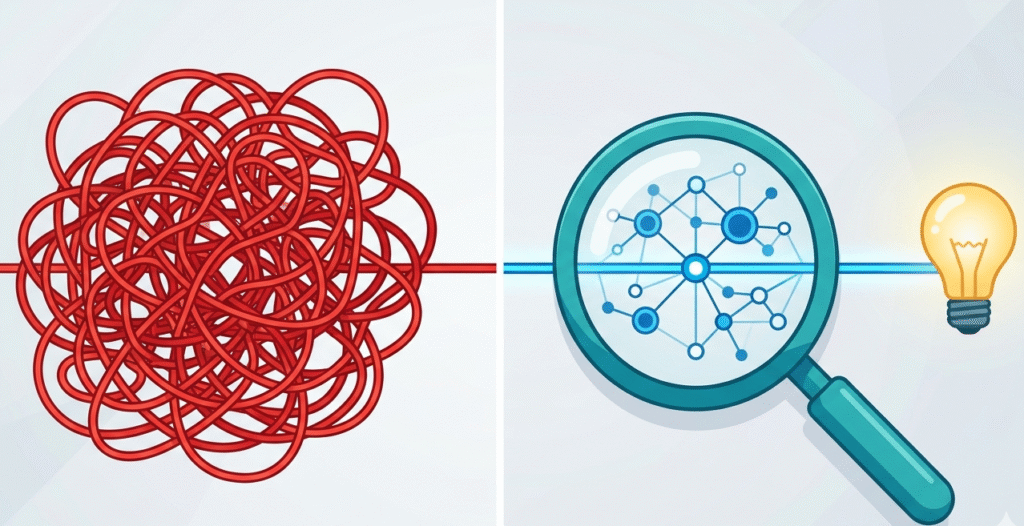 A split-screen showing how measuring remediation success metrics brings clarity to tangled security data.