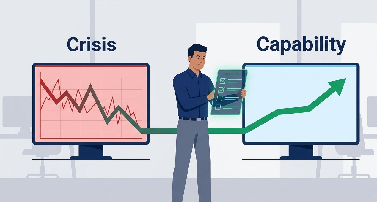 A professional transforming a crisis chart into a capability growth chart via post incident escalation review.