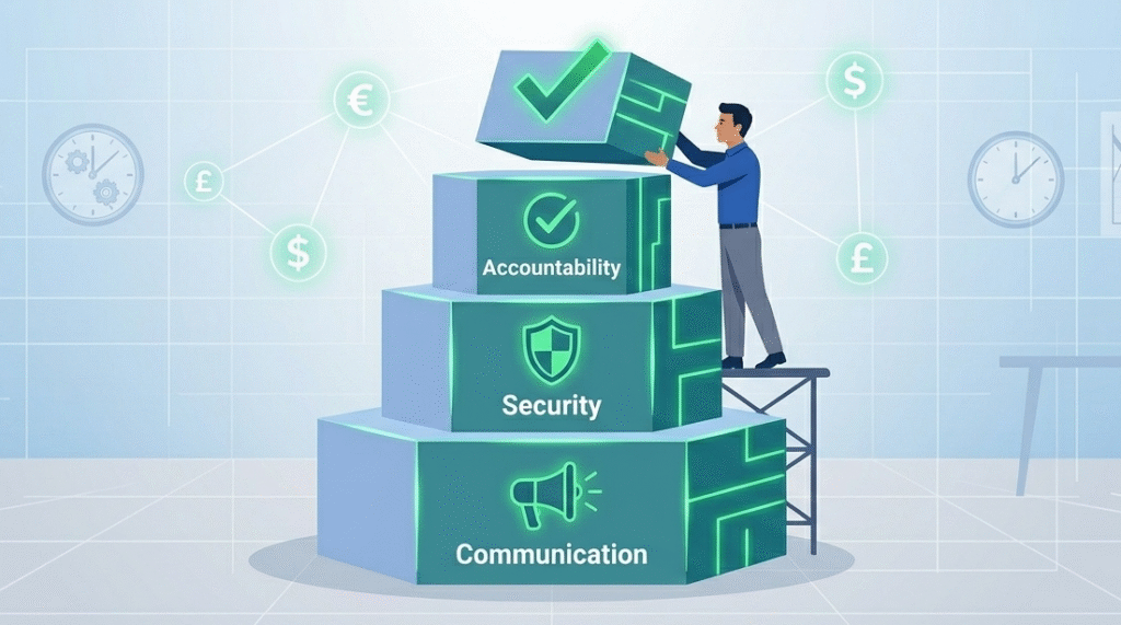 Man building a block tower with layers of communication, security, and accountability for post incident escalation review.