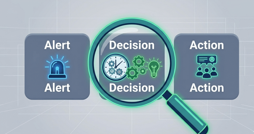 A magnifying glass focusing on the decision stage between alert and action in a post incident escalation review.