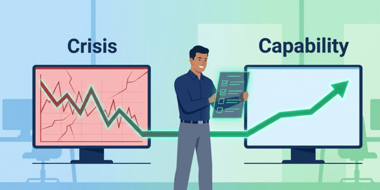 Comparison graph showing how testing incident escalation procedures turn a downward crisis into upward team capability.