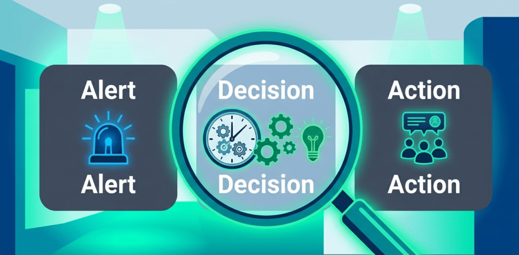 A magnifying glass highlights the "Decision" stage within testing incident escalation procedures, between Alert and Action.
