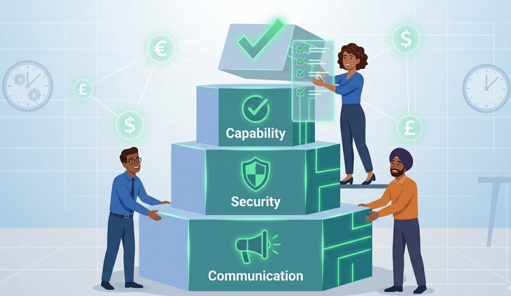 A team builds a pyramid of Communication, Security, and Capability for testing incident escalation procedures.