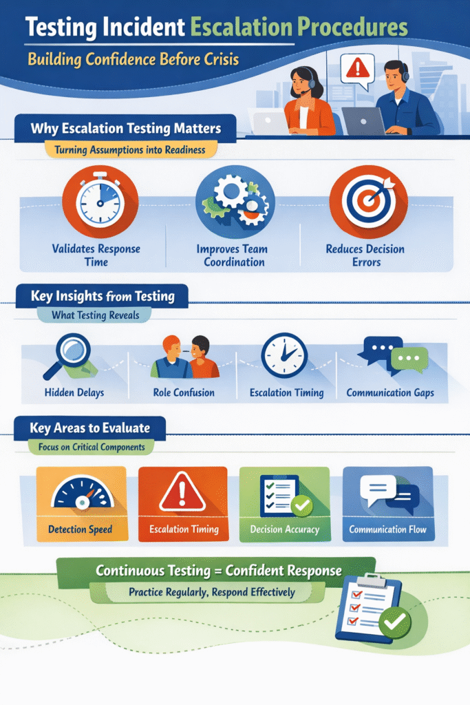 Infographic on testing incident escalation procedures showing why it matters, key insights, and areas to evaluate.
