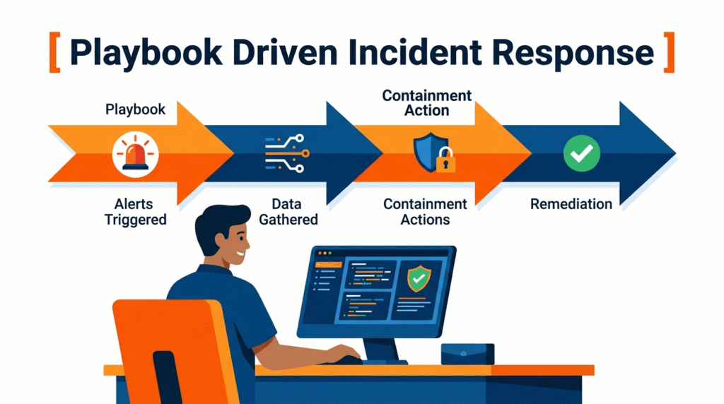 Vector illustration explaining Security Response Playbook Examples with incident lifecycle stages from detection to recovery.