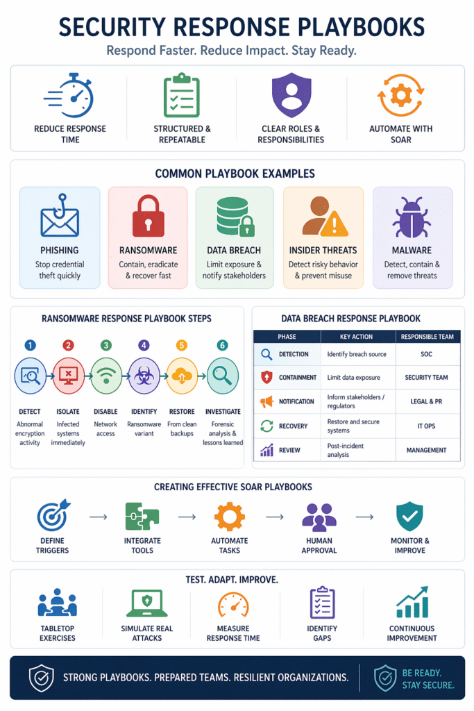 Security Response Playbook Examples showing workflows for phishing, ransomware, and data breach incident response.