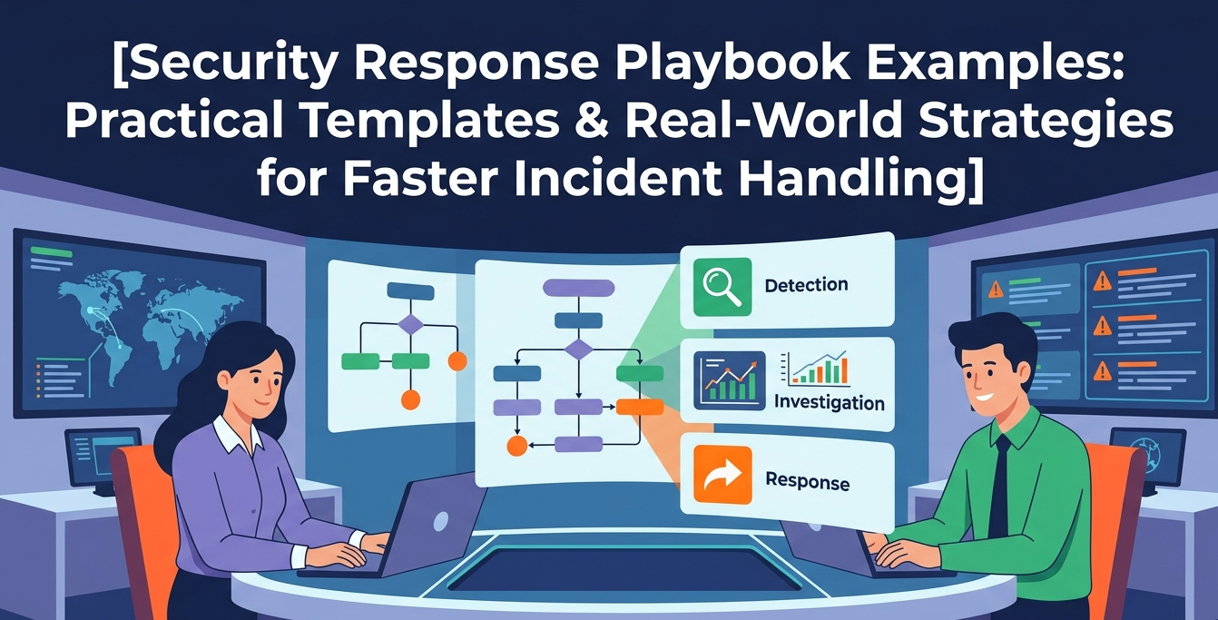 Flat vector hero image featuring Security Response Playbook Examples for professional incident handling and SOC operations.