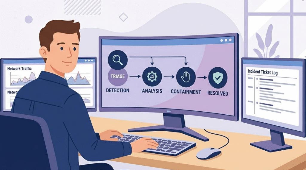 A security professional using a phishing incident response playbook to resolve digital threats on a monitor.