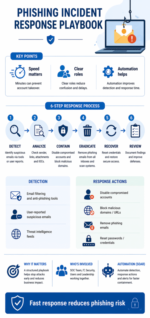 Phishing incident response playbook infographic showing a 6-step process from detection to review.