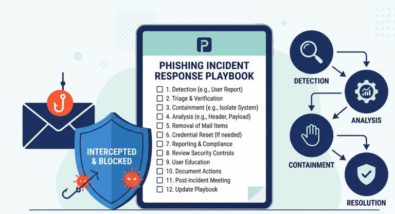 Digital checklist and security shield representing a comprehensive phishing incident response playbook workflow.
