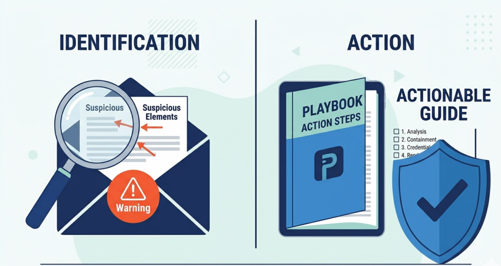 Split screen illustration of identifying threats and taking action with a phishing incident response playbook.