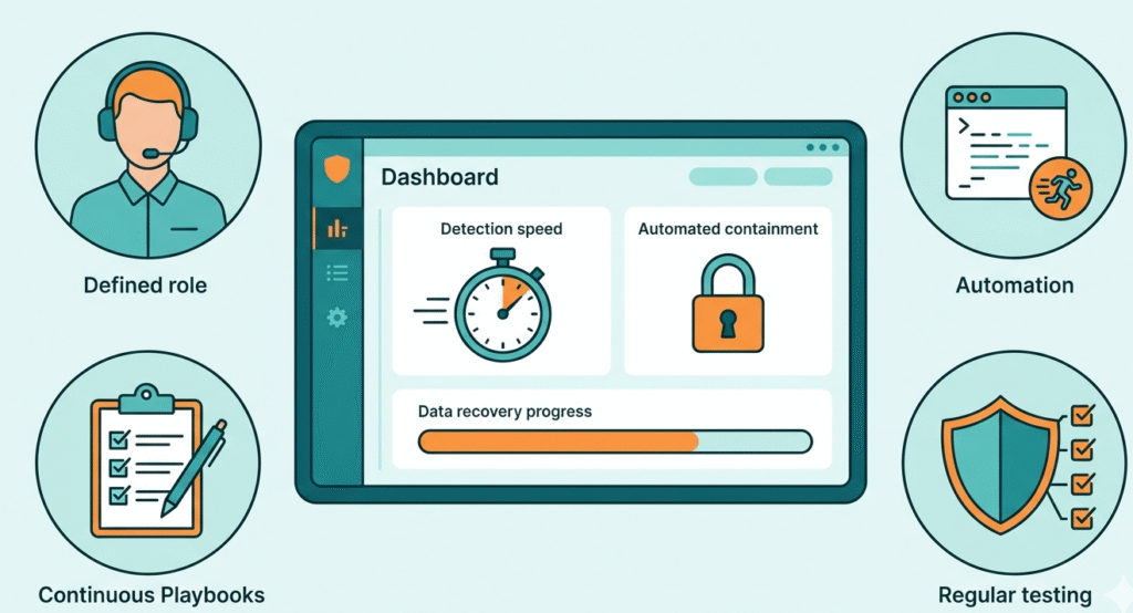 A digital security dashboard featuring tools and best practices found in examples incident response playbooks.