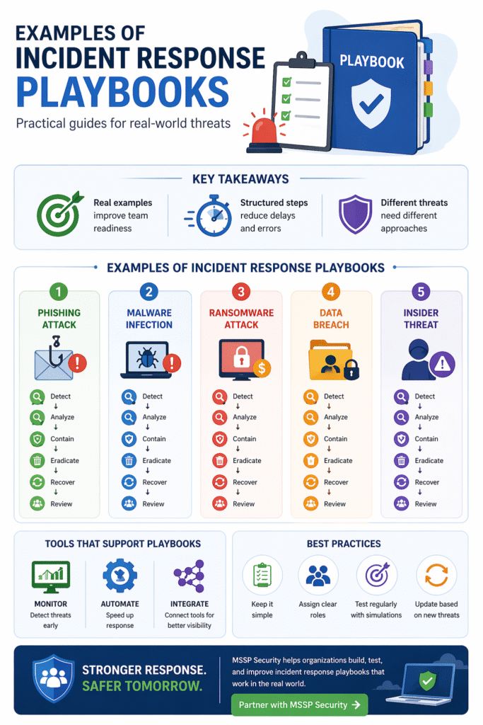 A detailed infographic showing five types of examples incident response playbooks for real-world cyber threats.