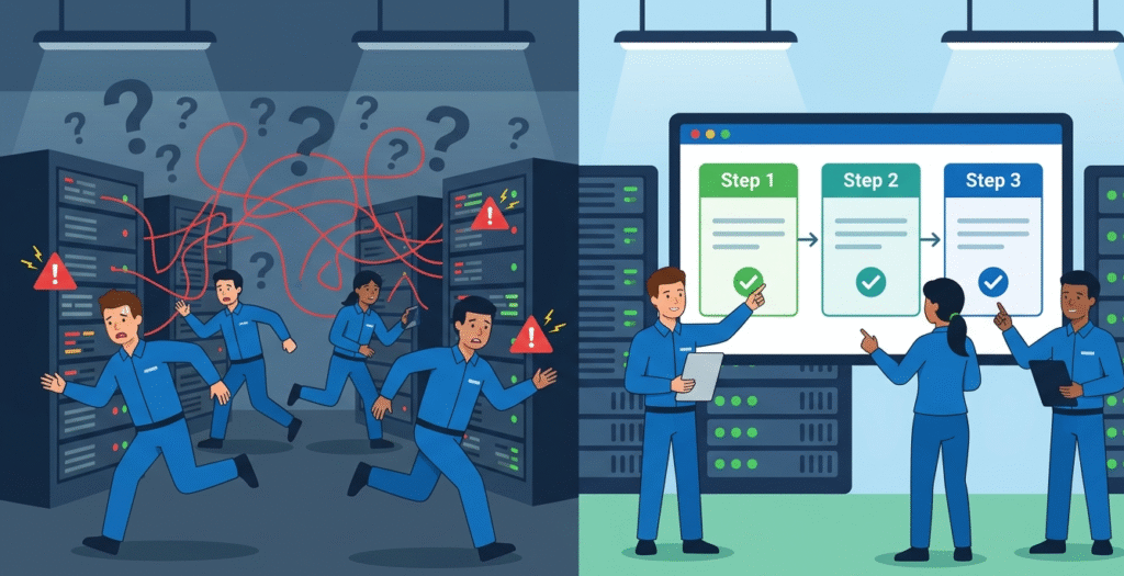 A split vector showing chaos versus order when using examples incident response playbooks to coordinate a team.