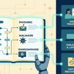 Robotic hands holding glowing examples incident response playbooks with a flowchart for cyber threat mitigation.