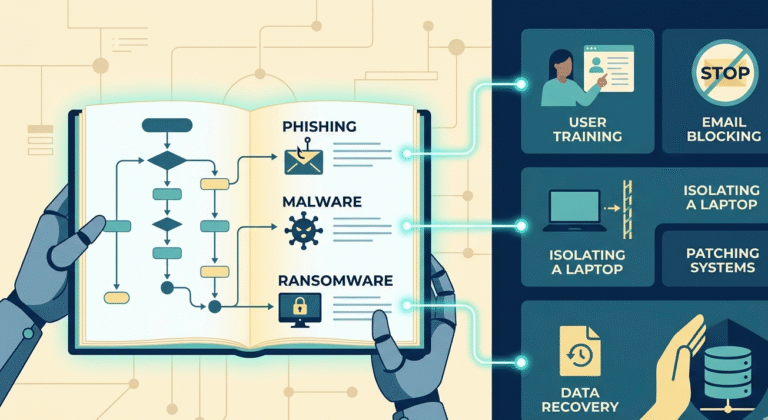 Robotic hands holding glowing examples incident response playbooks with a flowchart for cyber threat mitigation.