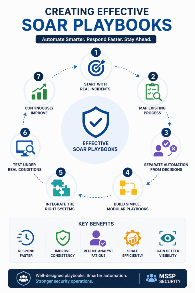 Step-by-step infographic guide for creating effective SOAR playbooks with key security benefits.