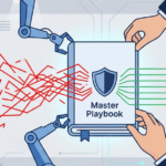 2D vector showing human and robotic hands creating effective SOAR playbooks for security.