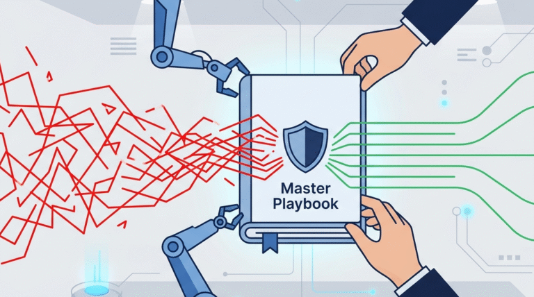 2D vector showing human and robotic hands creating effective SOAR playbooks for security.