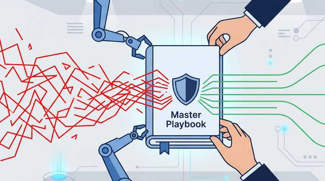 2D vector showing human and robotic hands creating effective SOAR playbooks for security.