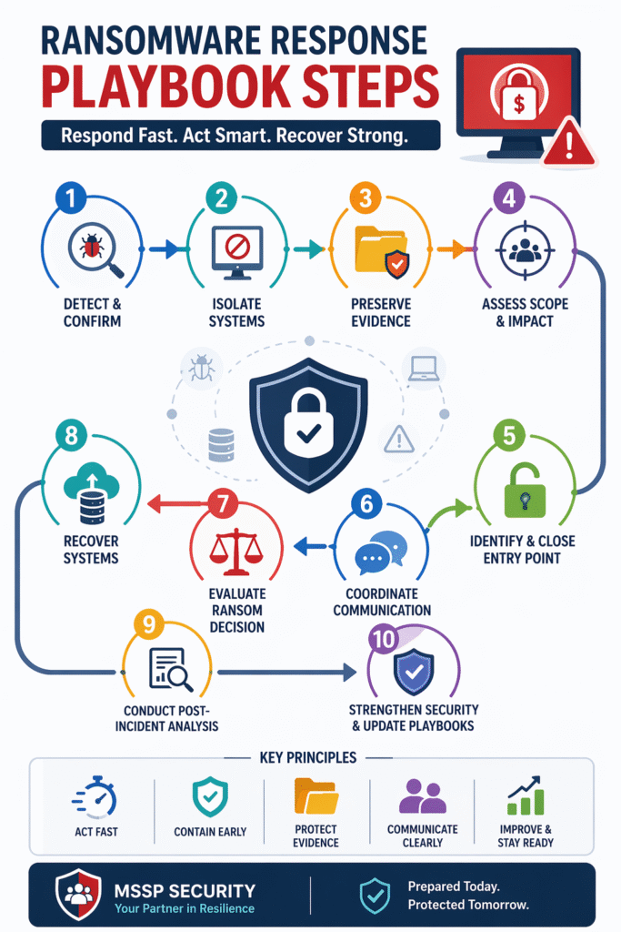 Step-by-step infographic showing 10 ransomware response playbook steps with a central shield icon and key principles.