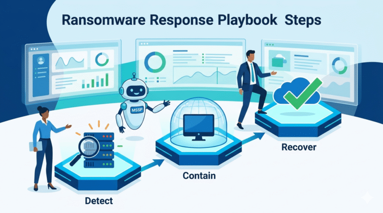 2D illustration of professionals and a robot following ransomware response playbook steps for detection and recovery.