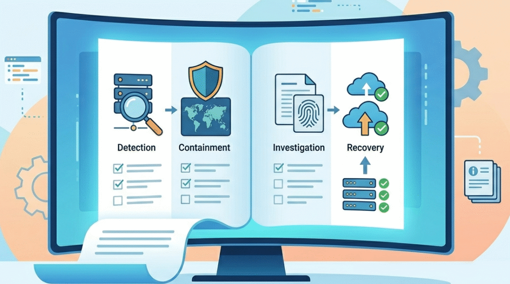 Digital screen displaying a data breach response playbook template with sections for detection and recovery.
