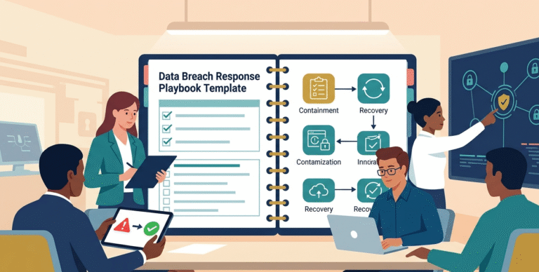Team collaborating on a data breach response playbook template during an incident response workshop.