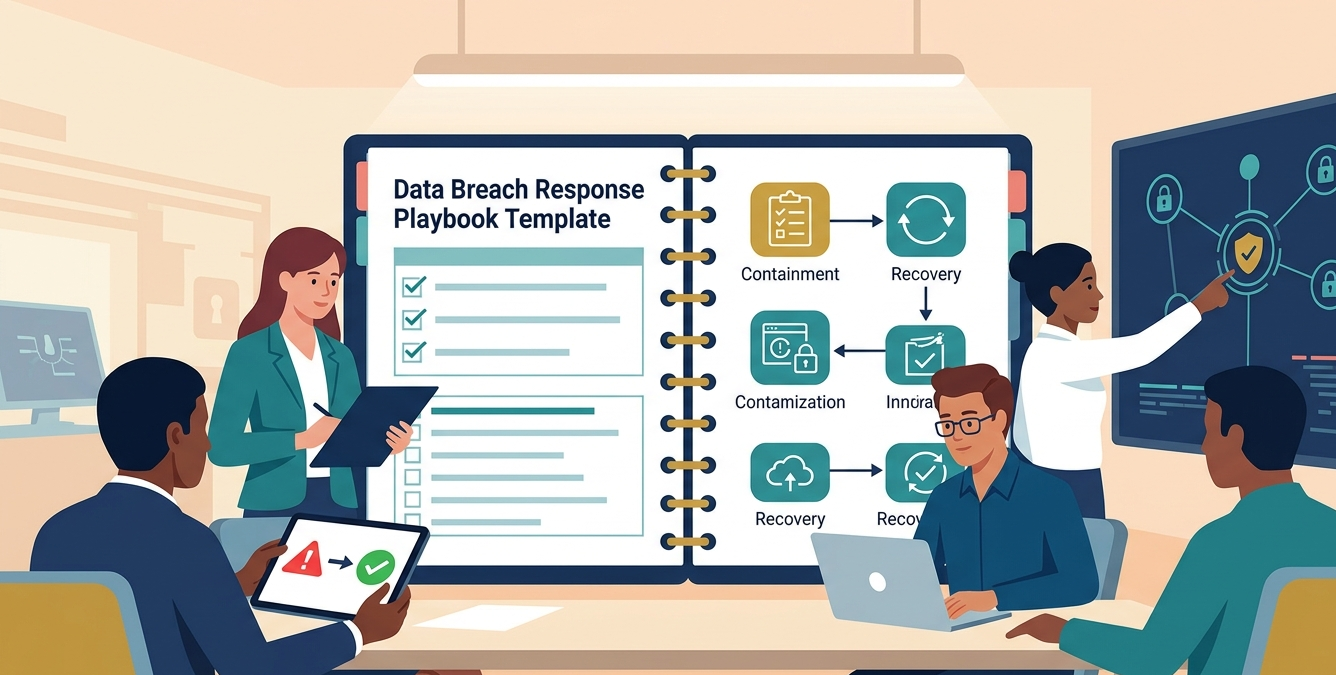 Team collaborating on a data breach response playbook template during an incident response workshop.