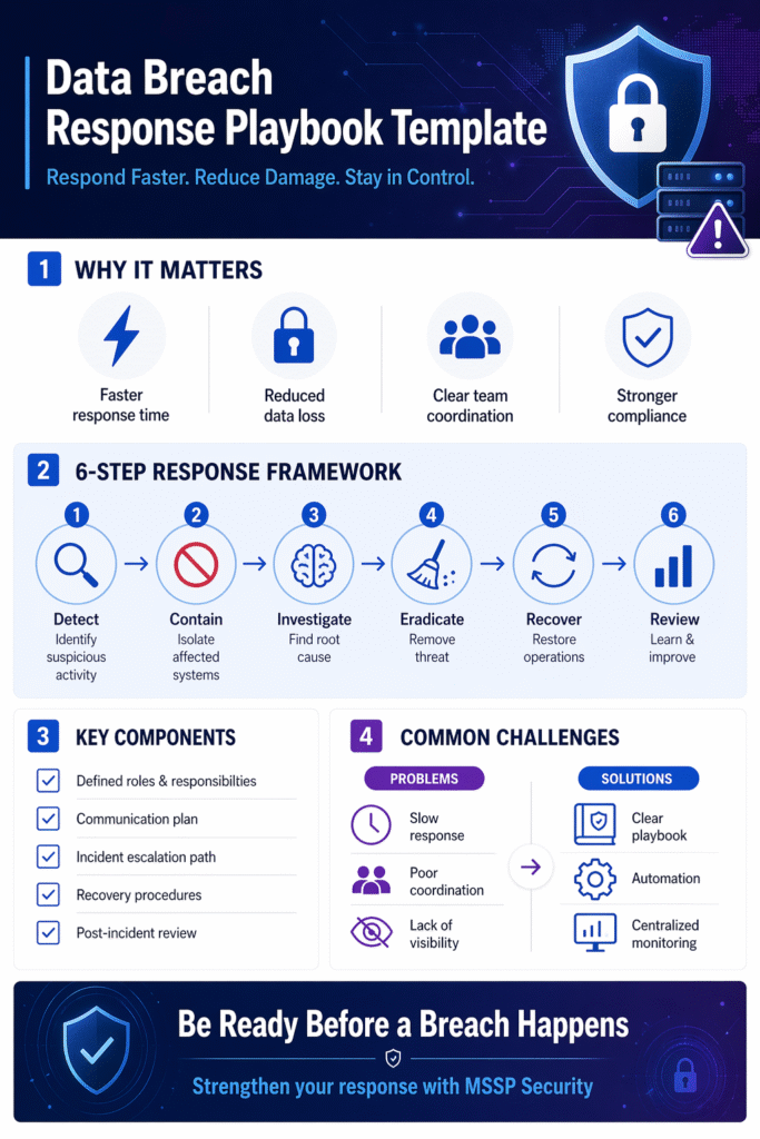 Infographic of a data breach response playbook template showing a 6-step framework and key components.