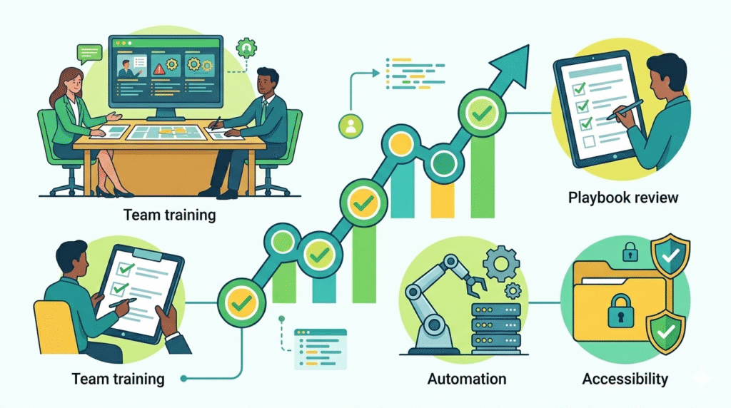 Illustration of team training and automation for a data breach response playbook template with growth charts.