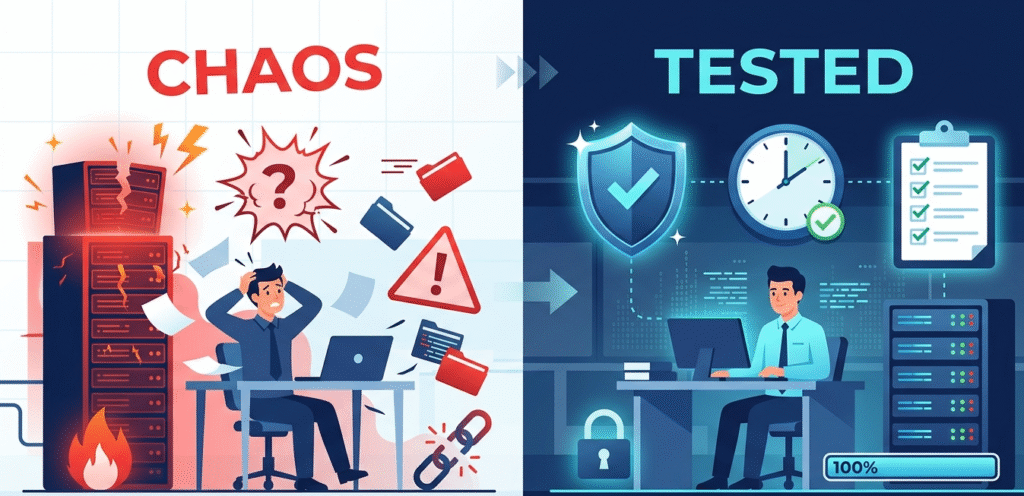 Split screen showing chaos versus a calm, organized environment when testing incident response playbooks.