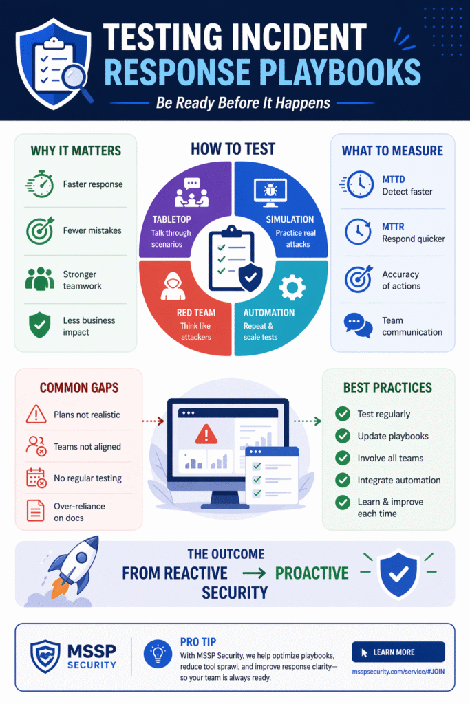 Informational chart detailing best practices and metrics for testing incident response playbooks.
