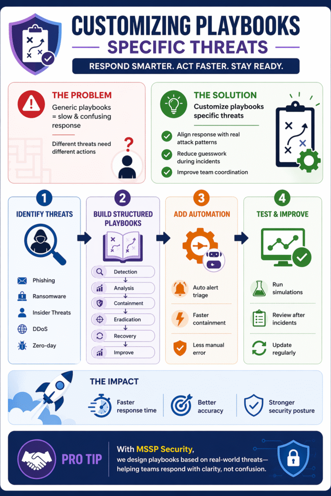 Infographic on customizing playbooks specific threats showing a 4-step workflow for incident response.