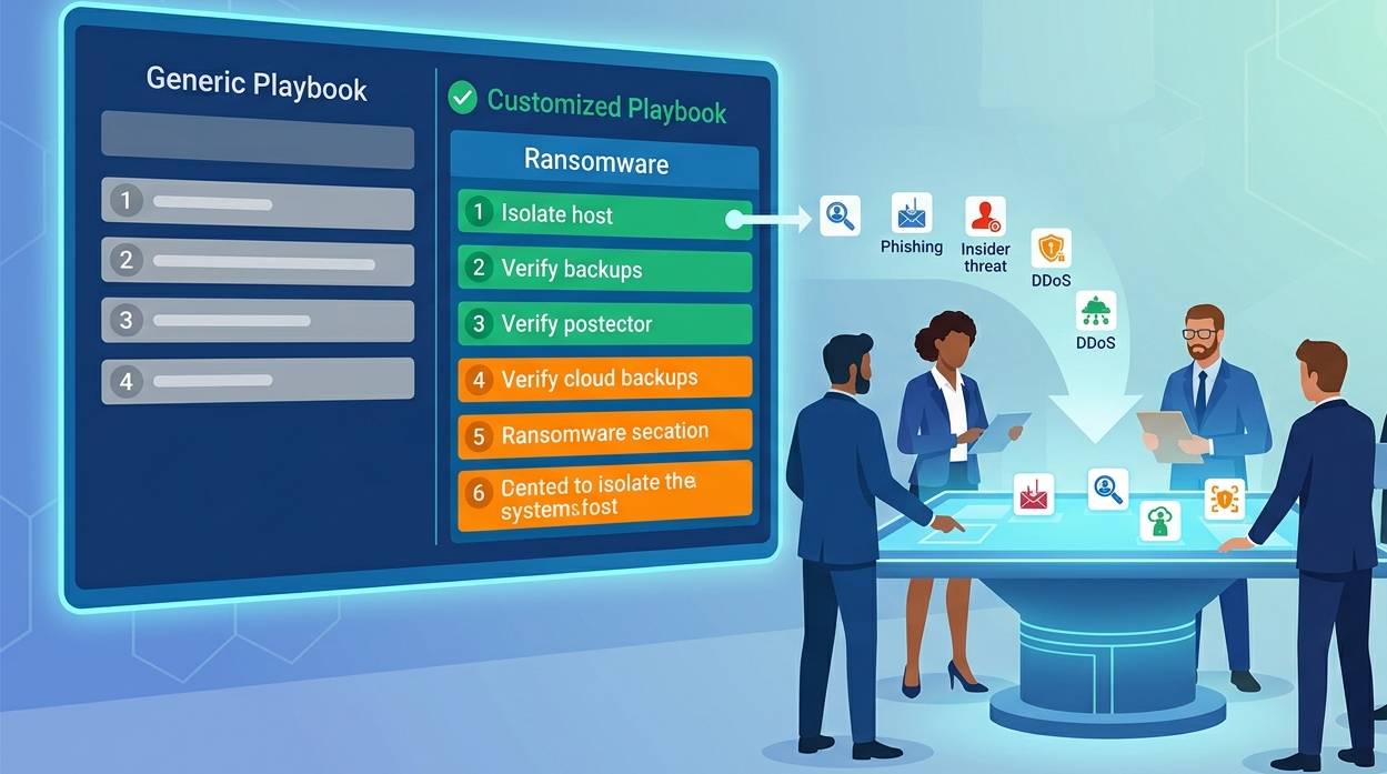 Vector illustration of analysts customizing playbooks specific threats for ransomware on a SOC dashboard.