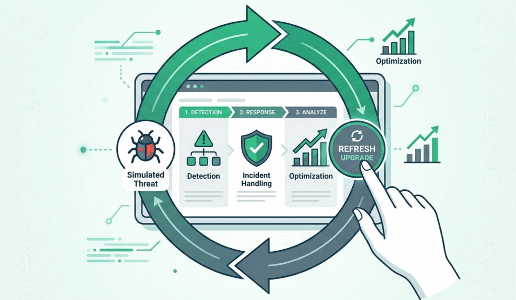 A circular feedback loop showing how to test and improve playbook driven incident response continuously.