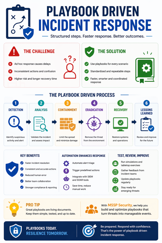 Infographic showing the playbook driven incident response process from detection to lessons learned.