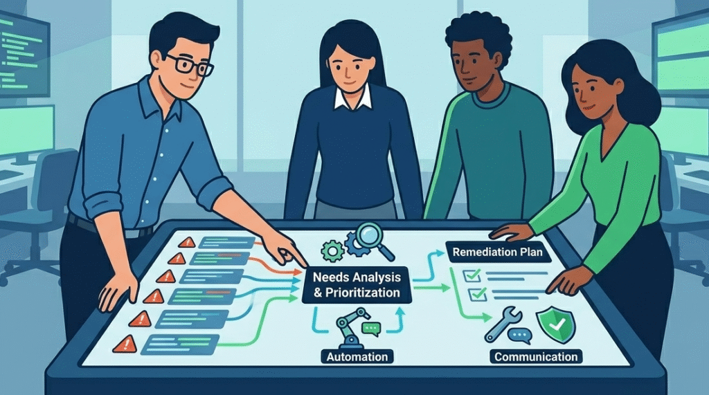 Analysts collaborating in a security center to apply MSSP Remediation Guidance Explained for vulnerability prioritization.