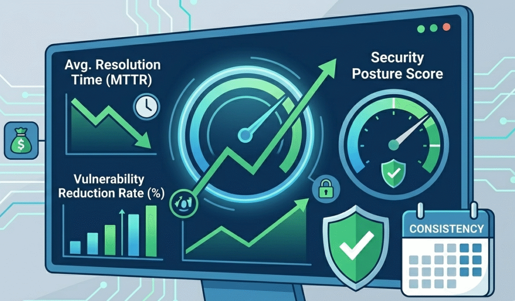 A digital dashboard displaying key success metrics and ROI results for MSSP Remediation Guidance Explained.