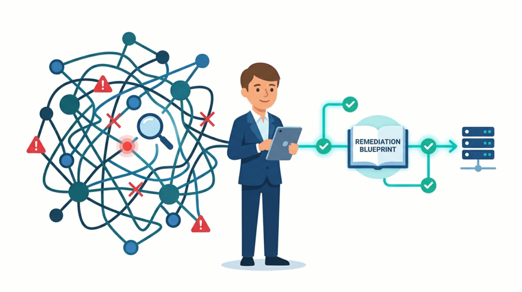 Illustration of an expert simplifying complex data into a blueprint for how MSSPs provide remediation guidance.