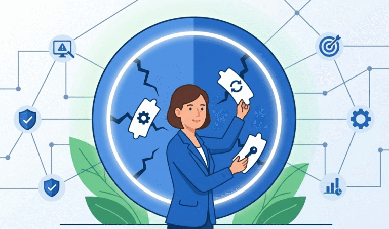 Professional woman fixing cracks in a shield, representing various types security remediation recommendations.