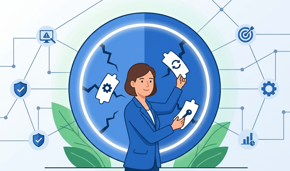 Professional woman fixing cracks in a shield, representing various types security remediation recommendations.