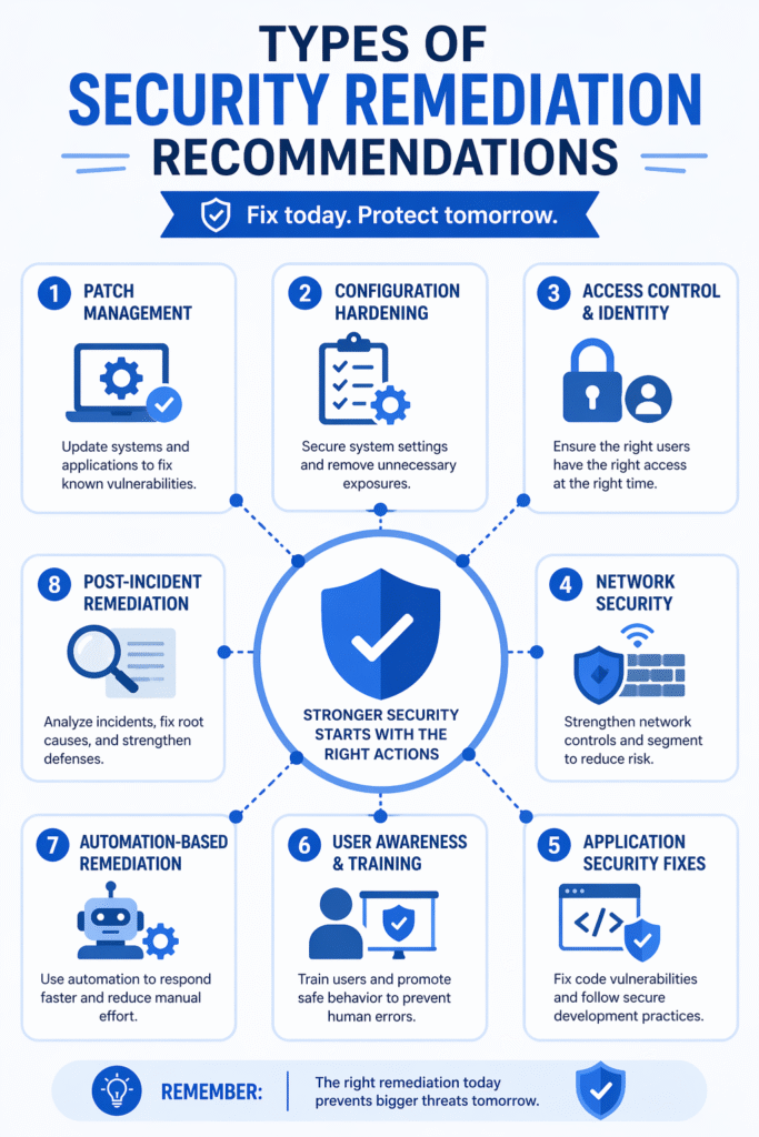 Circular infographic showing 8 types security remediation recommendations like patch management and network security.